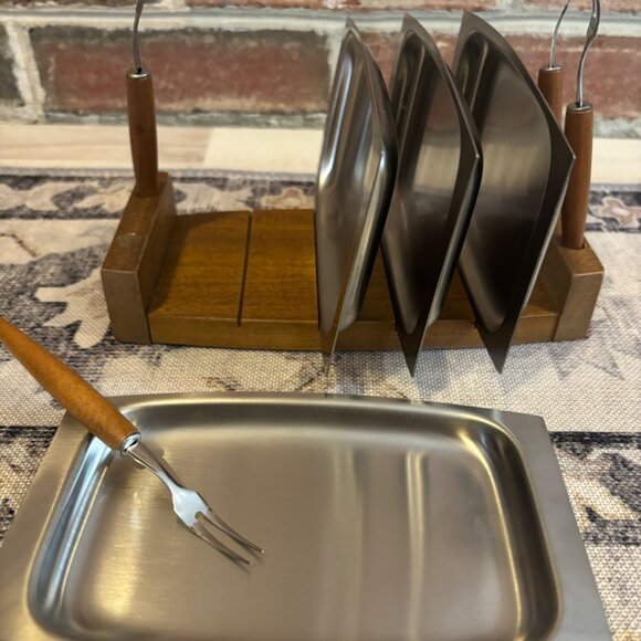 MCM snack tray w/serving Forks Japan Appetizer Fork Set Wooden Stand NOS - Picture 3 of 7